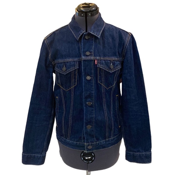 Levi’s Denim Trucker Jacket Dark Wash Long Sleeves Button Down Mock Neck - Picture 1 of 13
